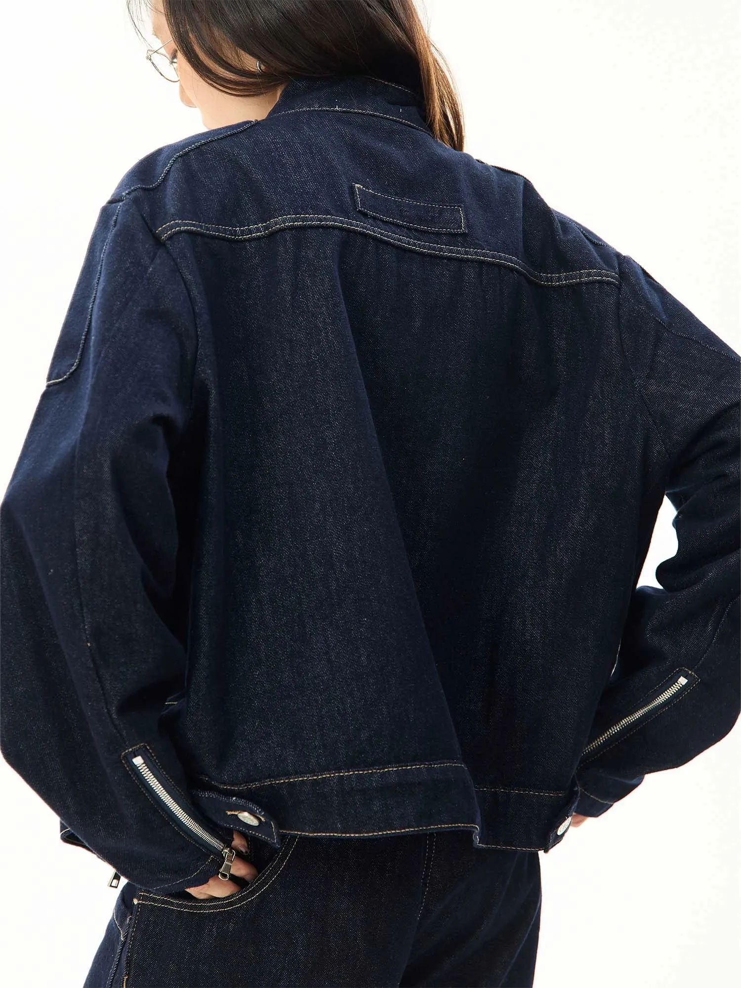 Oversized Contrast Stitch Denim Zip Jacket