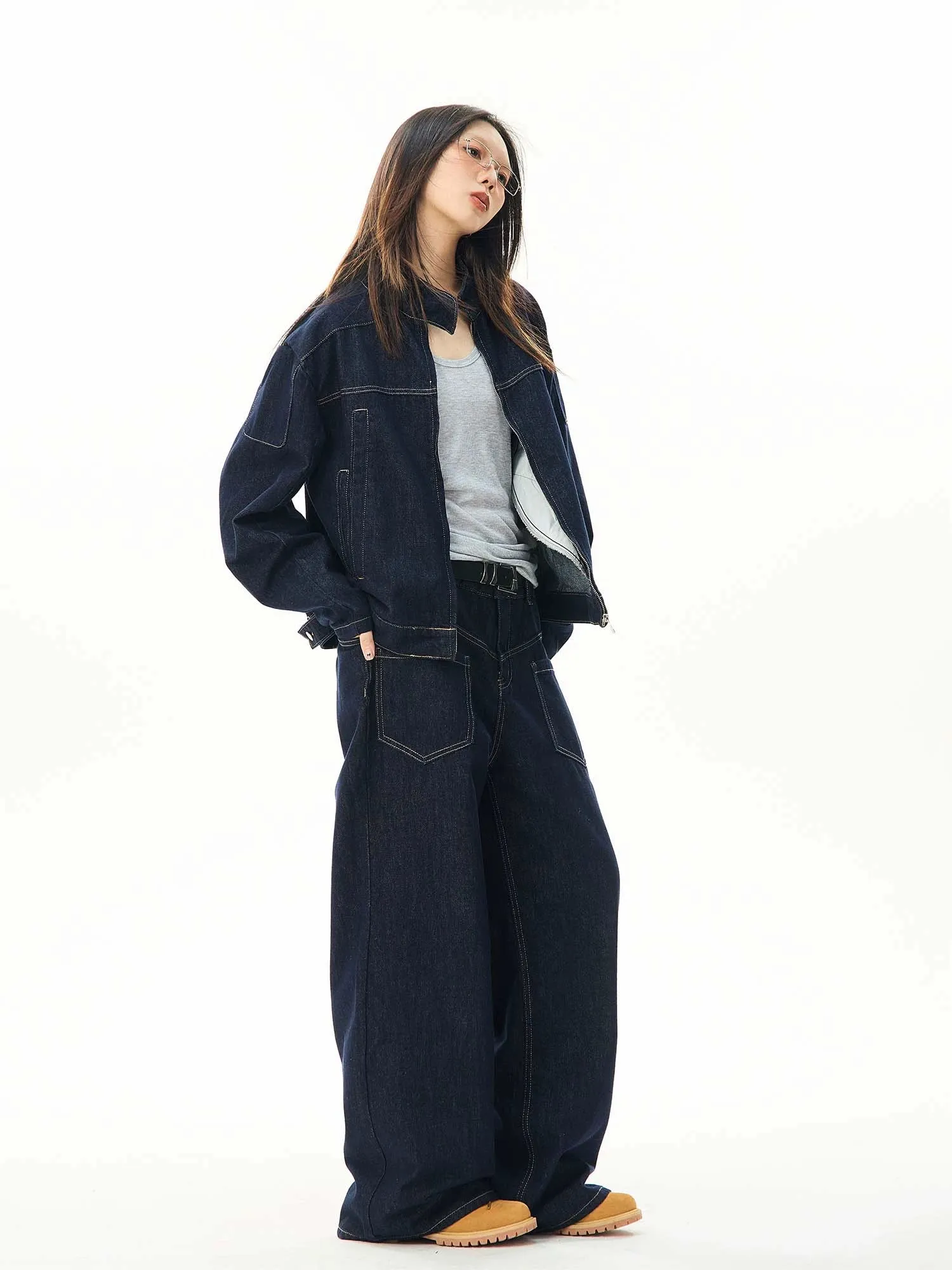 Oversized Contrast Stitch Denim Zip Jacket