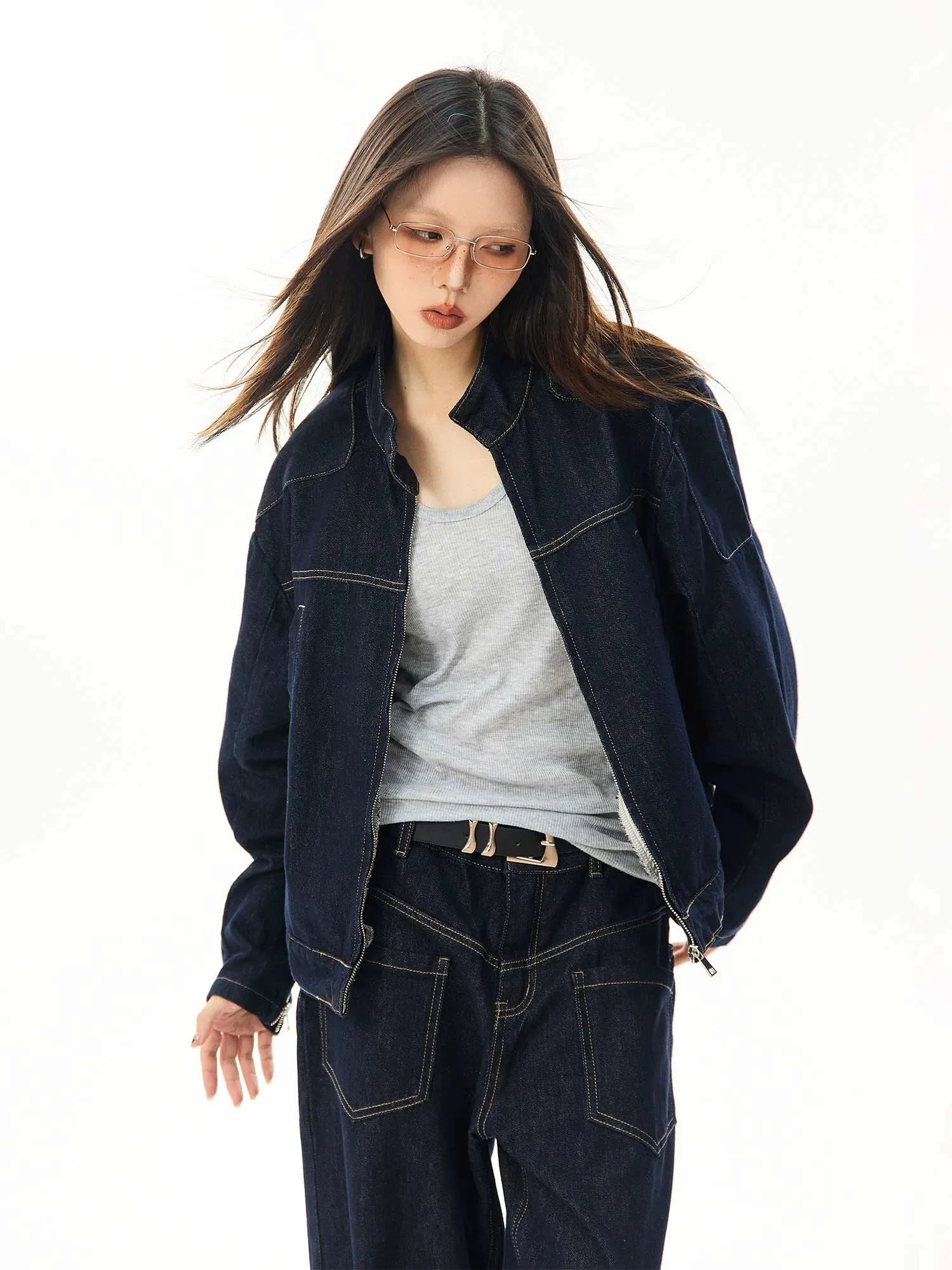 Oversized Contrast Stitch Denim Zip Jacket