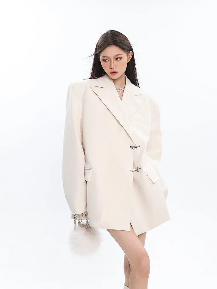 Oversized Notch Lapel Double-Breasted Blazer with Silver Accents