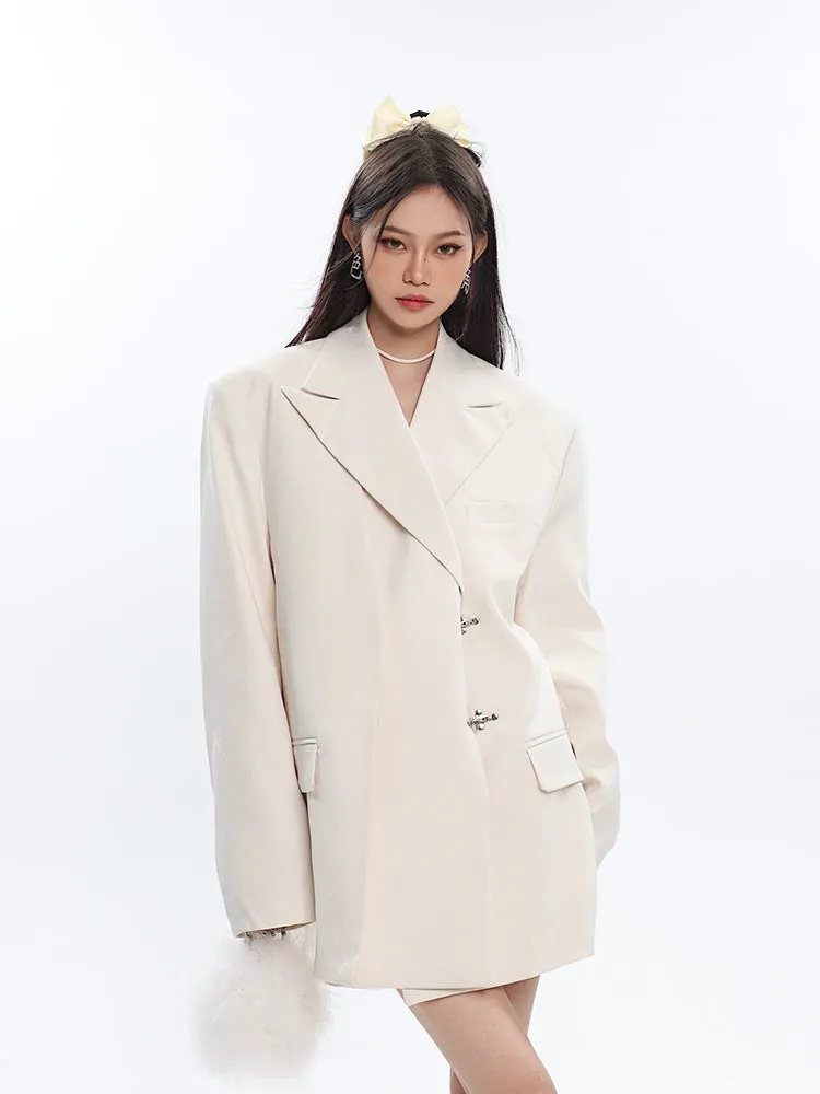 Oversized Notch Lapel Double-Breasted Blazer with Silver Accents