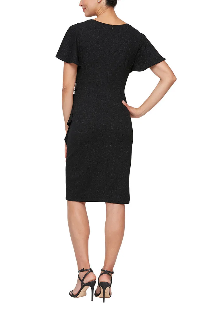 Petite - Metallic Knit Sheath Dress with Short Flutter Sleeves