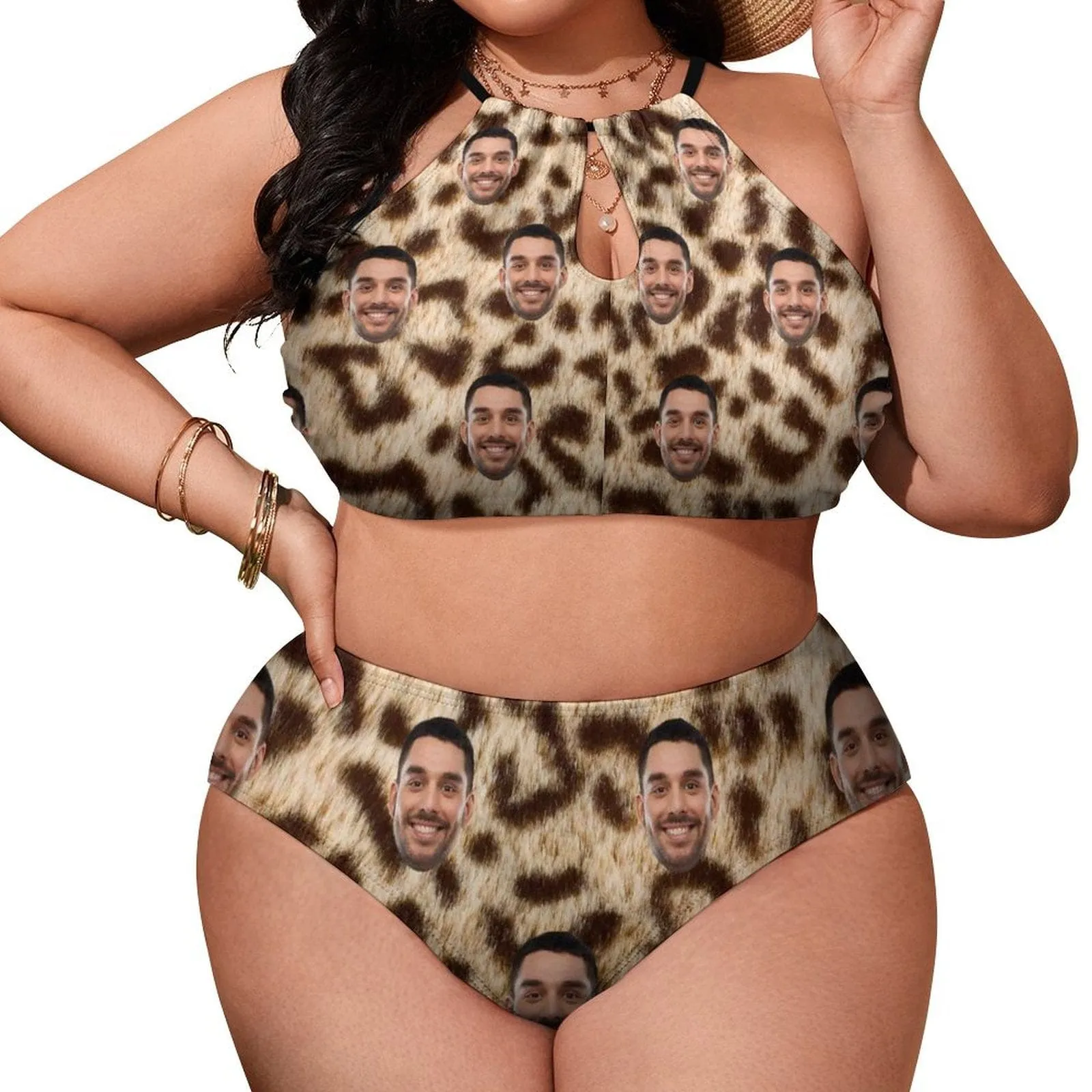 #Plus Size Halter Bikini-Custom Face Leopard Plus Size Swimsuit High Neck Cutout High Waisted Bikini Personalized Women's Two Piece Swimsuit Beach Outfits