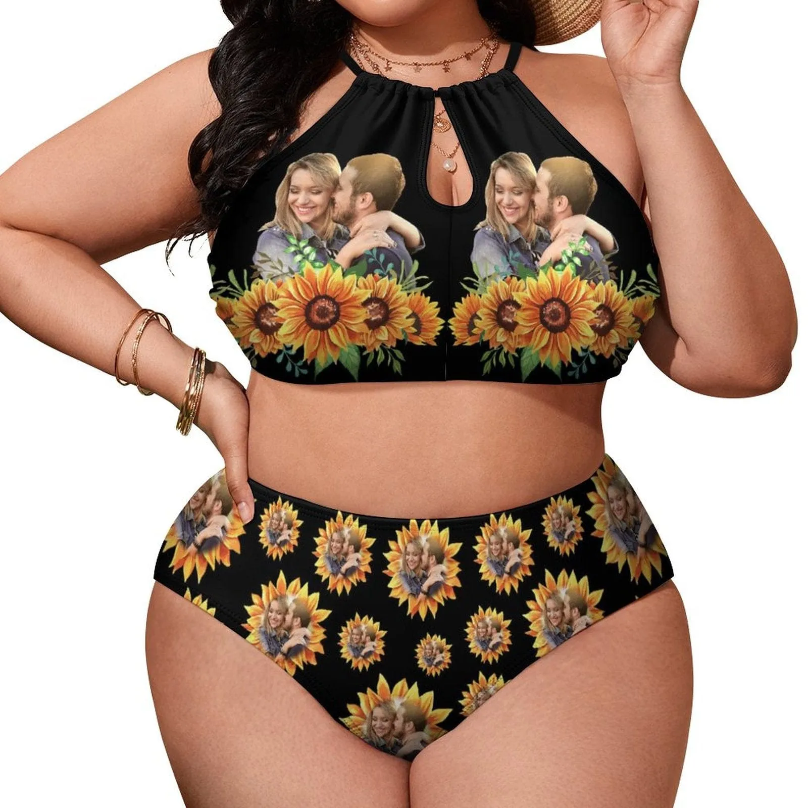 #Plus Size Halter Bikini-Custom Photo Black Sunflower Plus Size Swimsuit High Neck Cutout High Waisted Bikini Personalized Women's Two Piece Swimsuit Beach Outfits