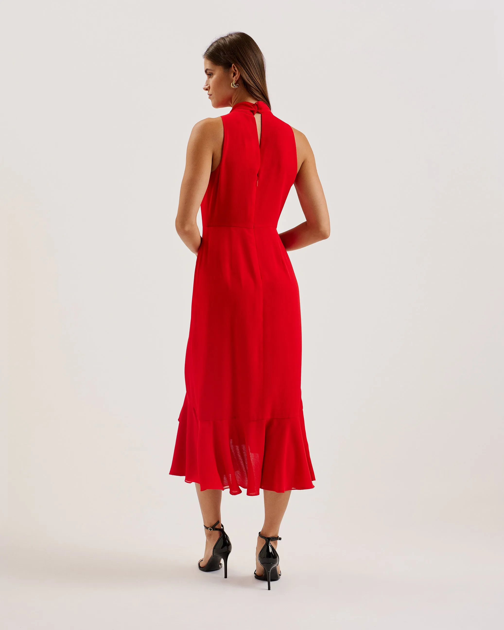 Rowaa Sleeveless Scarf Detail Midi Dress Red