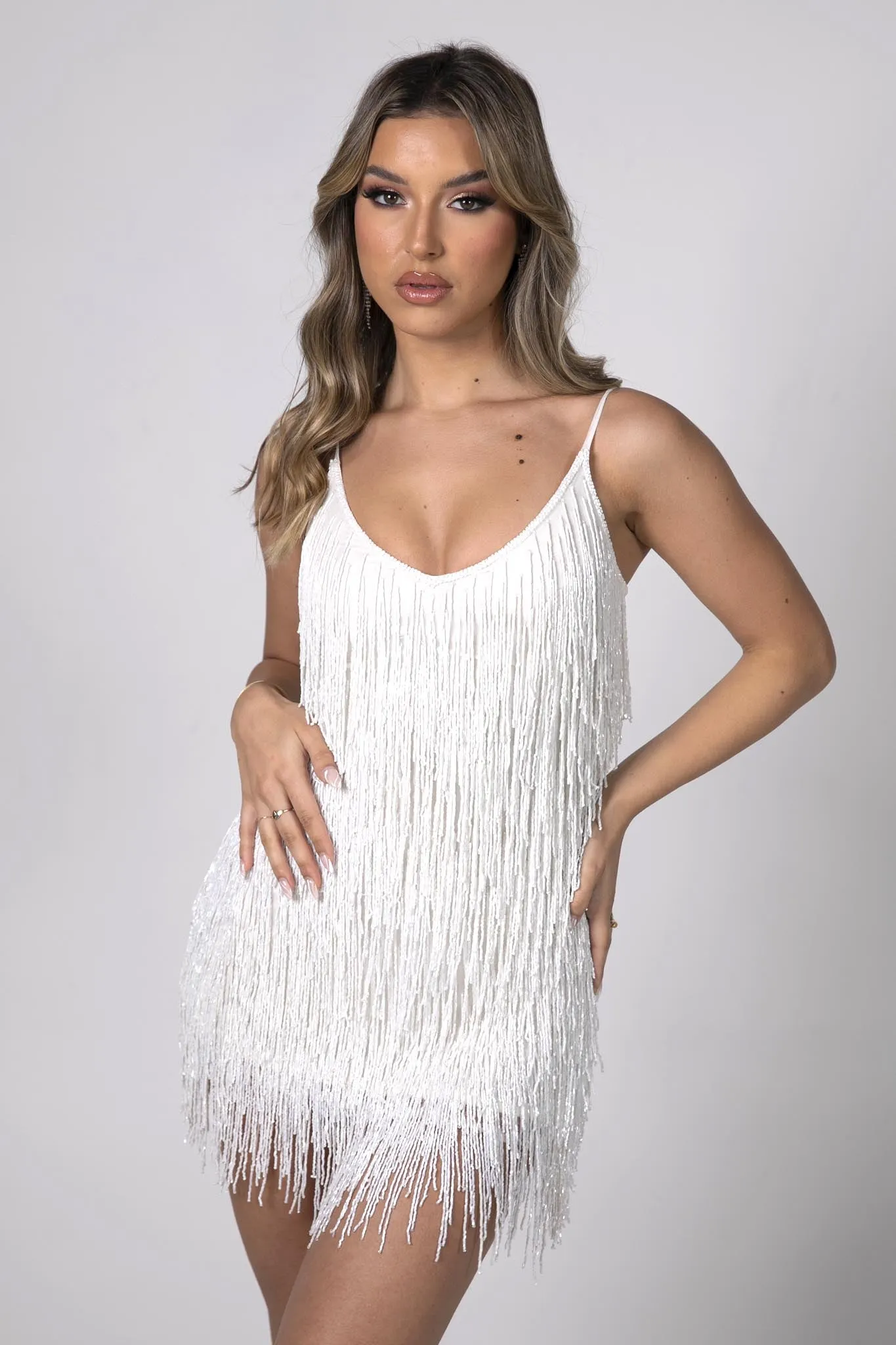 Salma Beaded Fringe Mini Dress - White