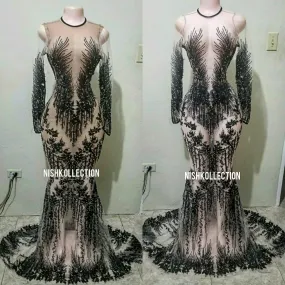 Sheer Embroidery long sleeve mermaid dress