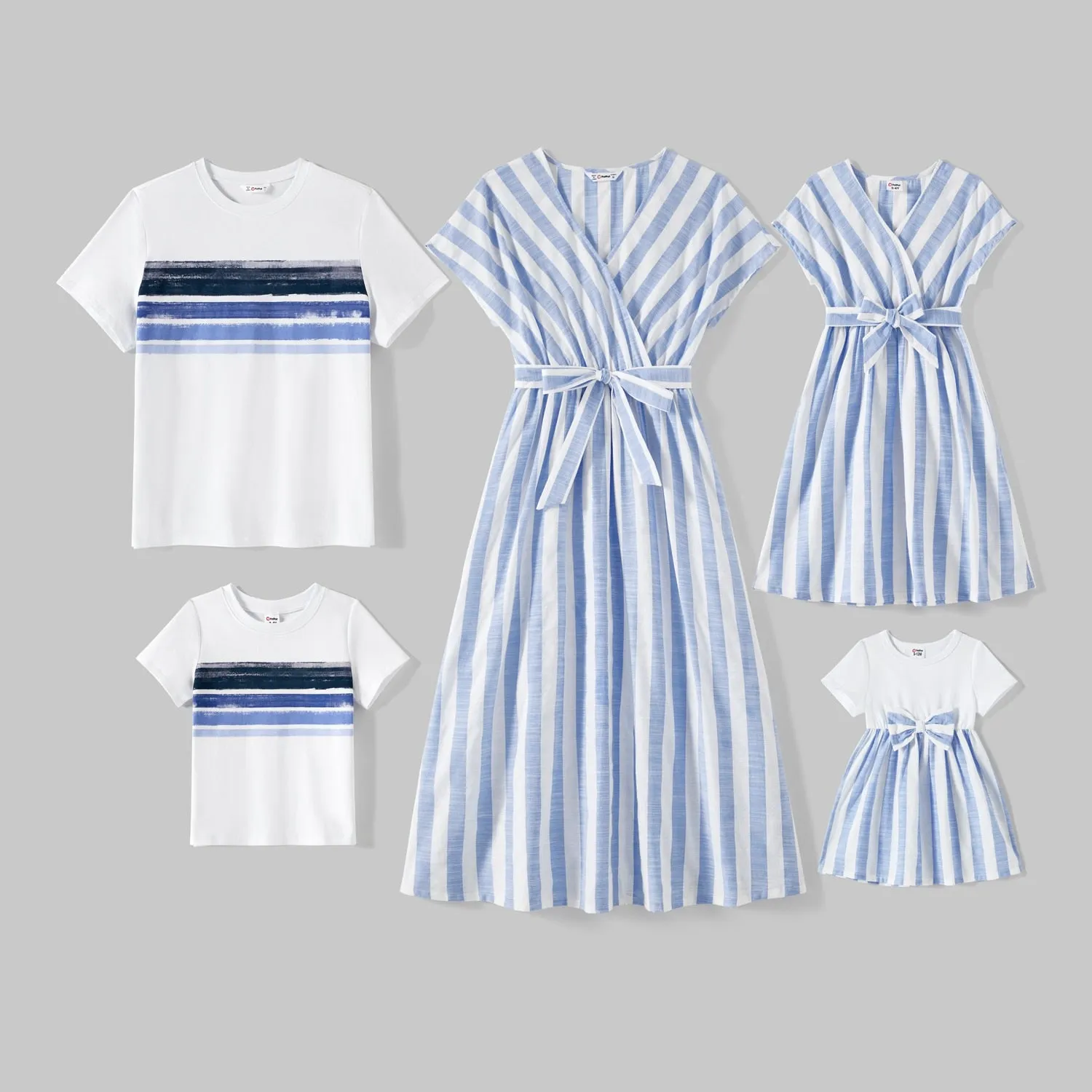 Short Sleeve Striped White & Blue Dress Sets -  Matching Family Outfit