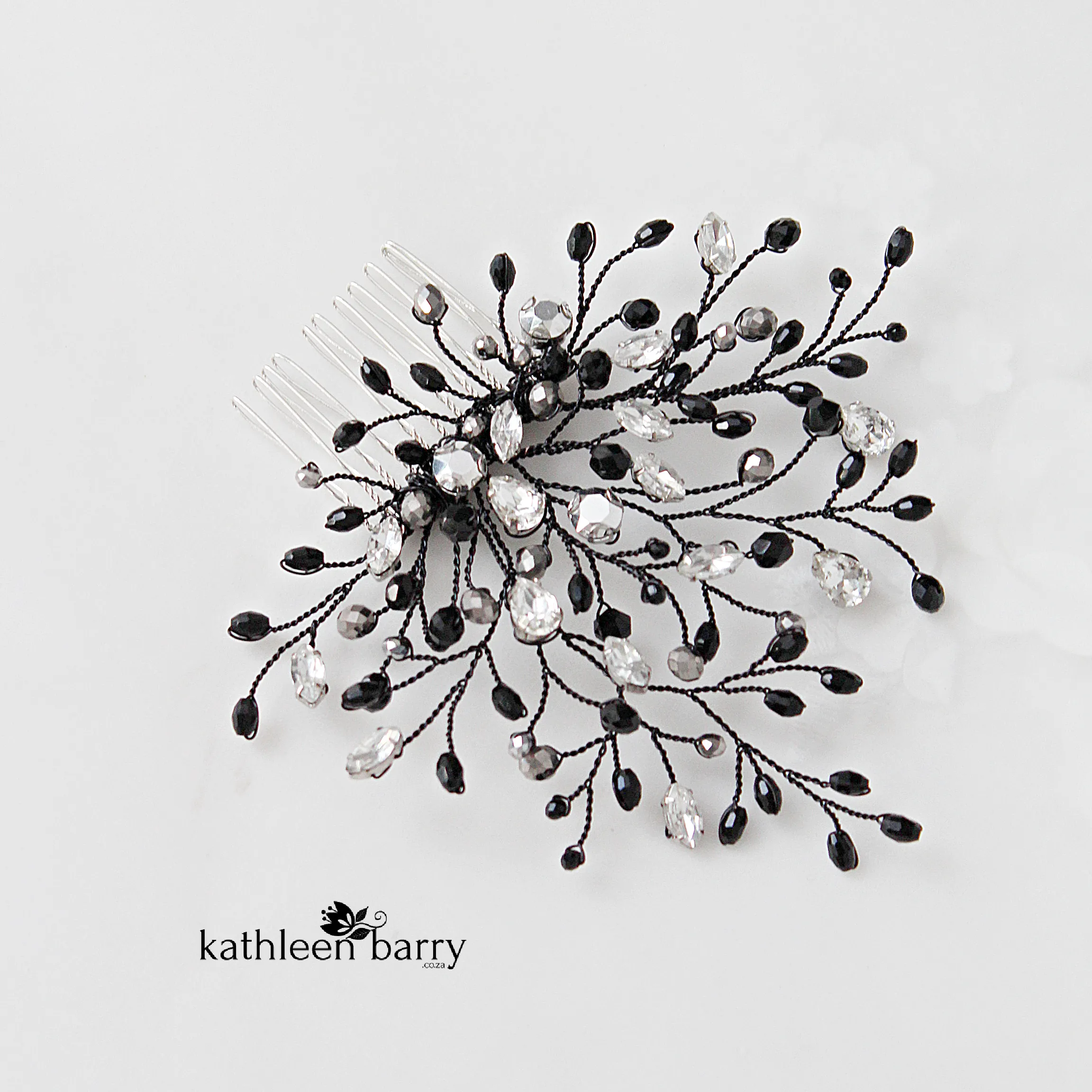 Tayla - Opaque Black crystal, Rhinestones and hints of pewter silver hairpiece