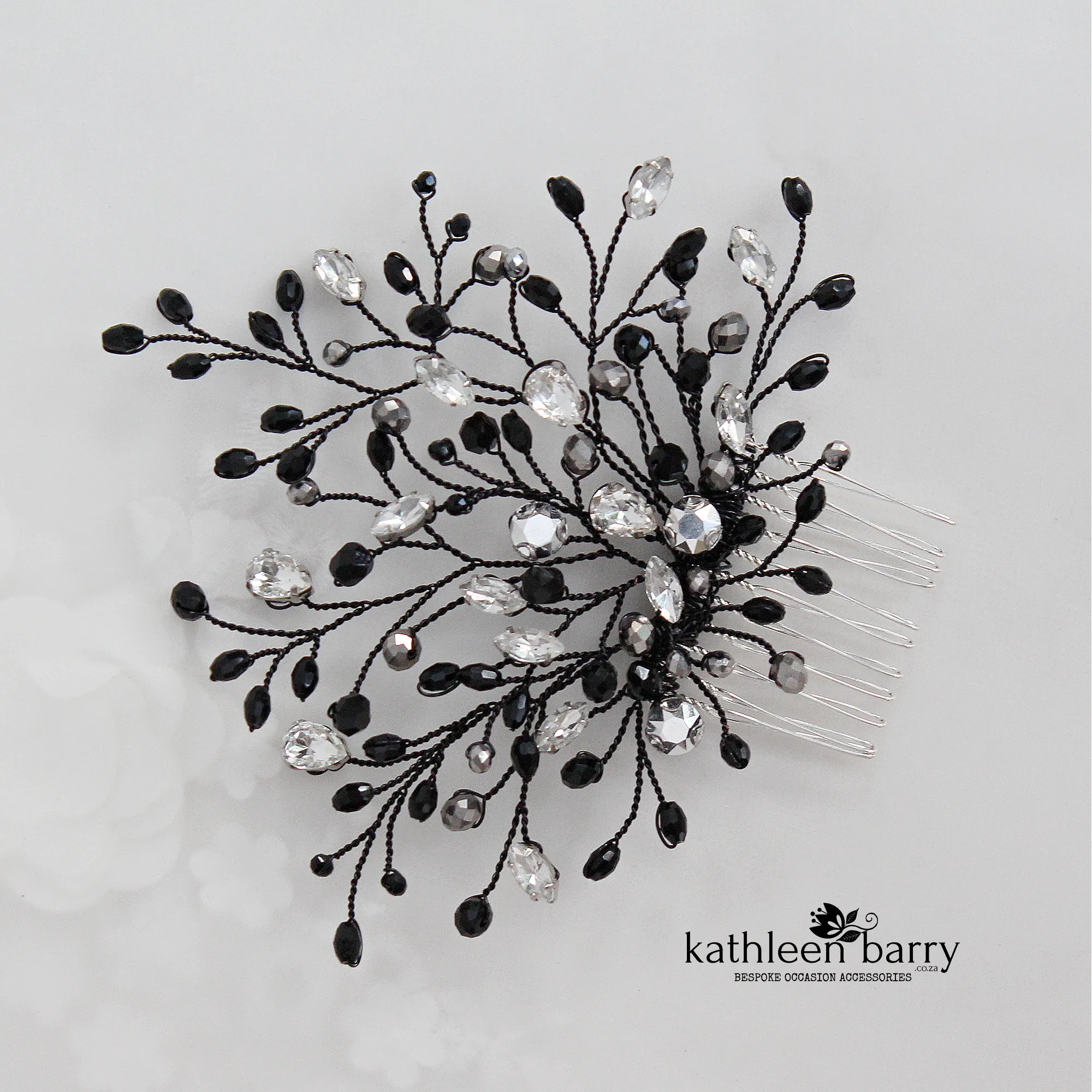 Tayla - Opaque Black crystal, Rhinestones and hints of pewter silver hairpiece