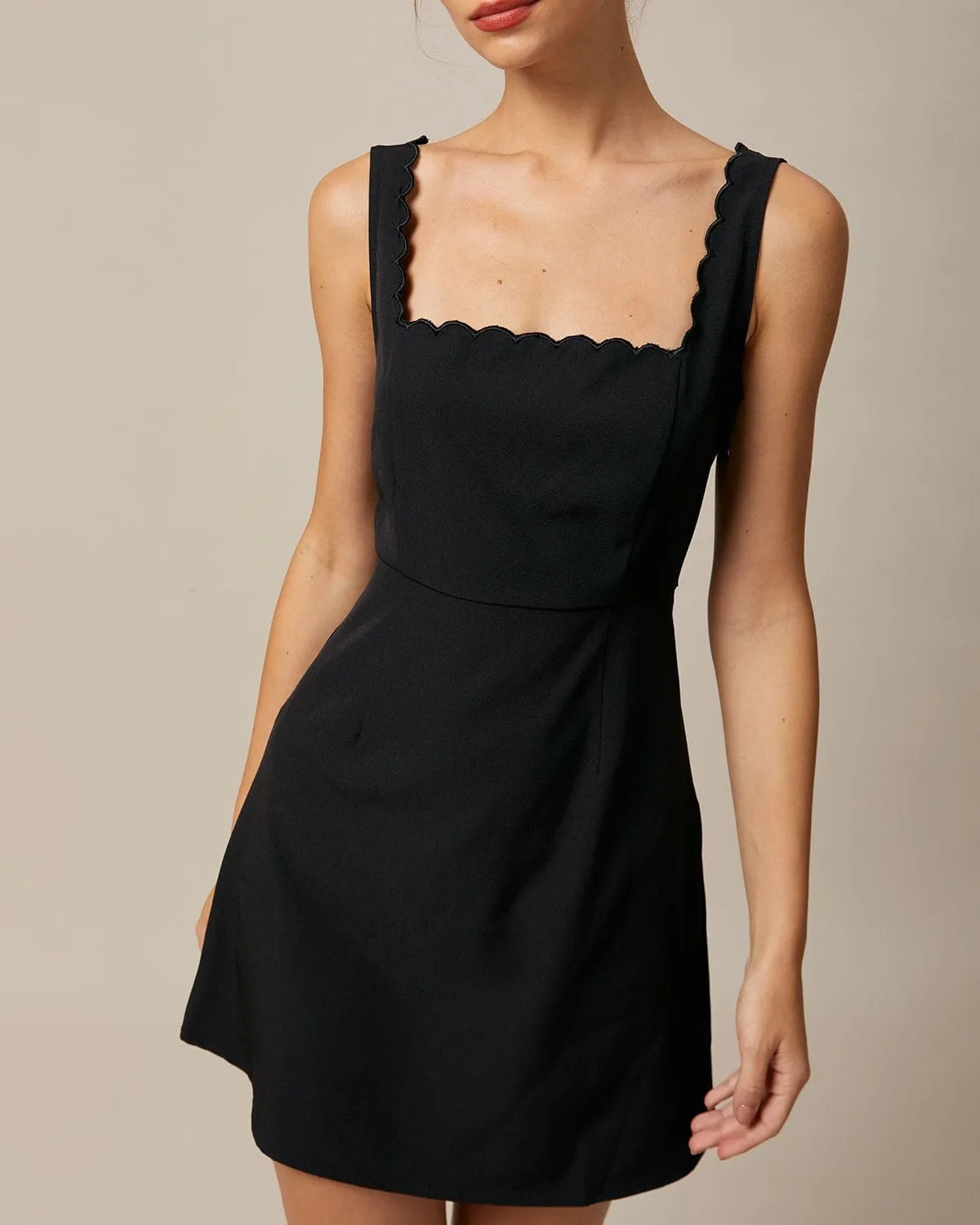 The Black Square Neck Scalloped Mini Dress