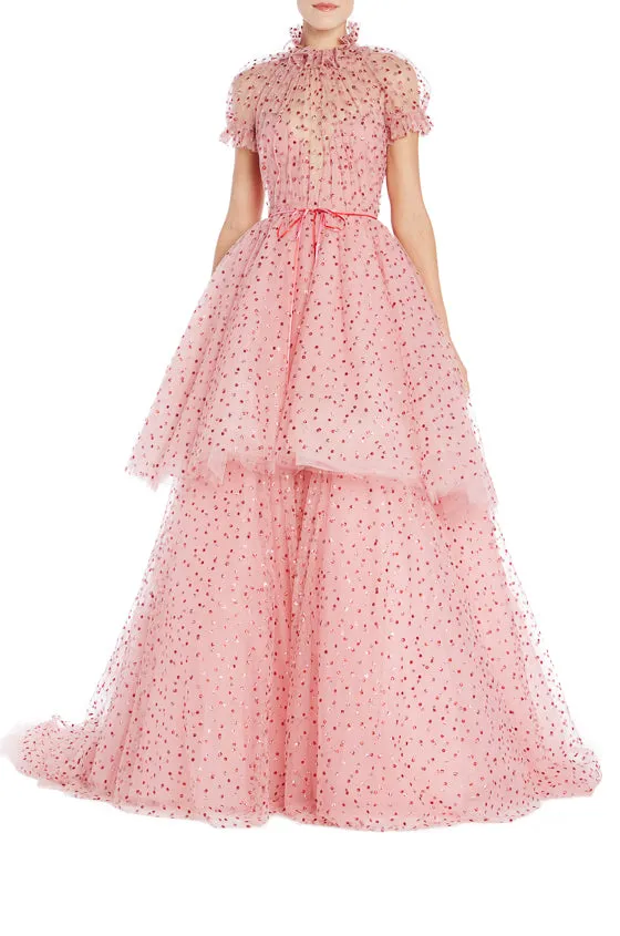 Tiered Rose Pink Tulle Gown