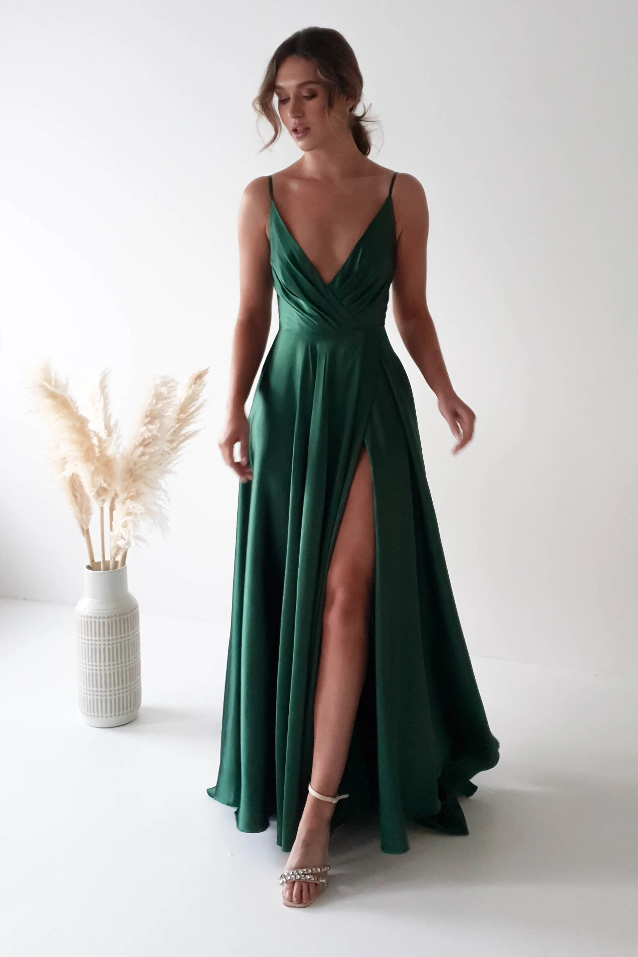 Velia Satin Maxi Gown | Emerald Green