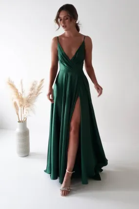 Velia Satin Maxi Gown | Emerald Green