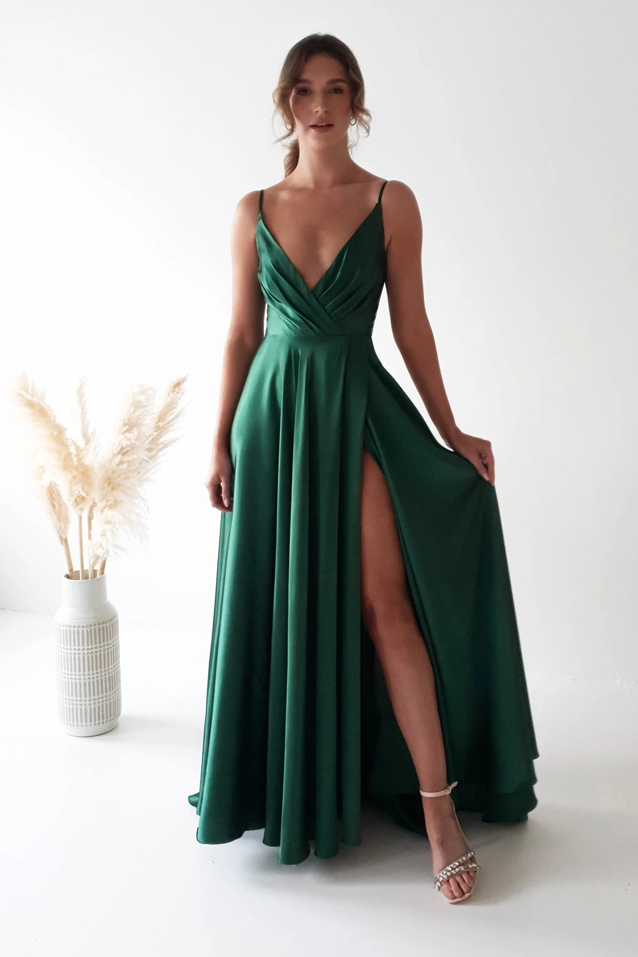 Velia Satin Maxi Gown | Emerald Green