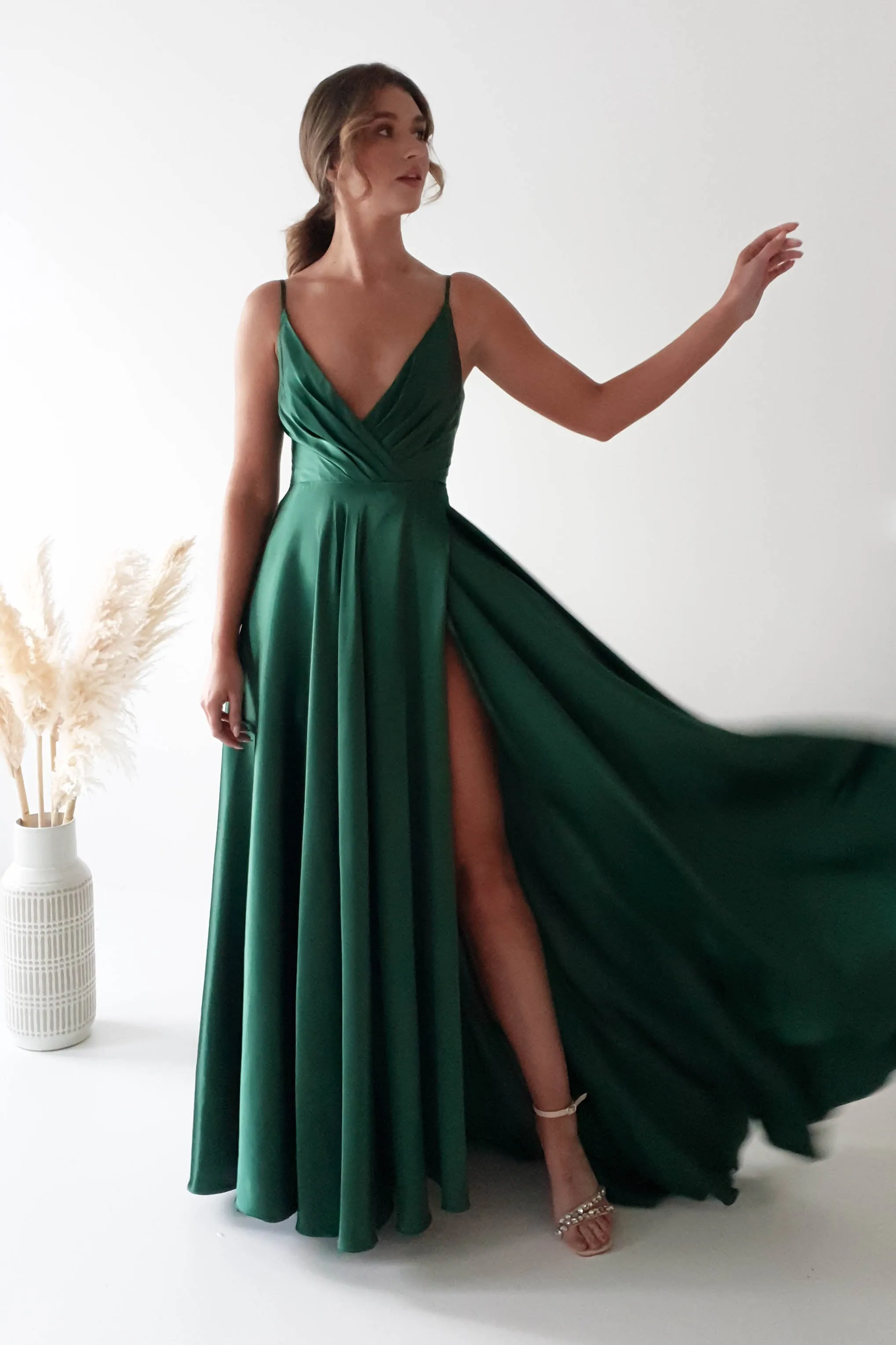 Velia Satin Maxi Gown | Emerald Green