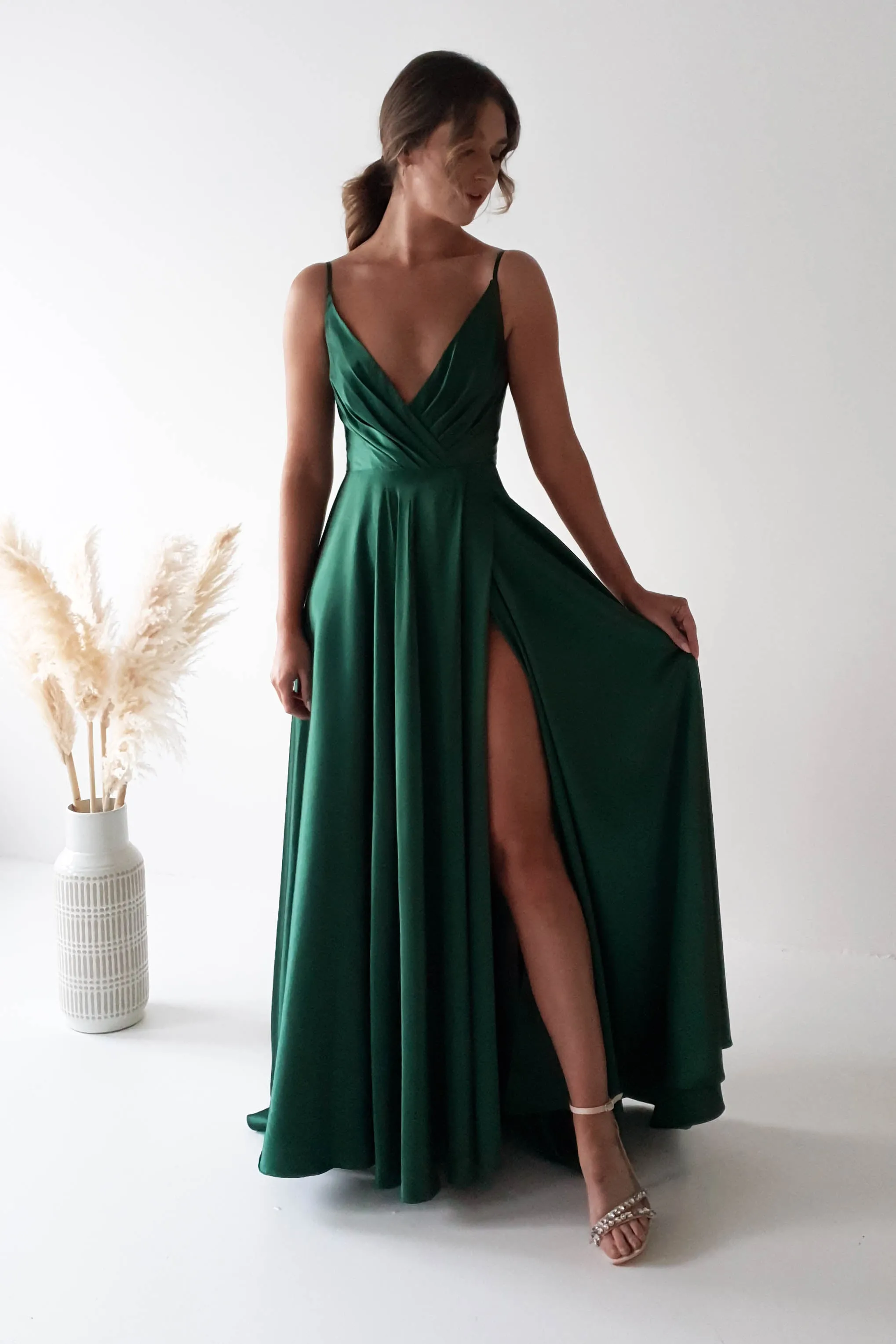 Velia Satin Maxi Gown | Emerald Green