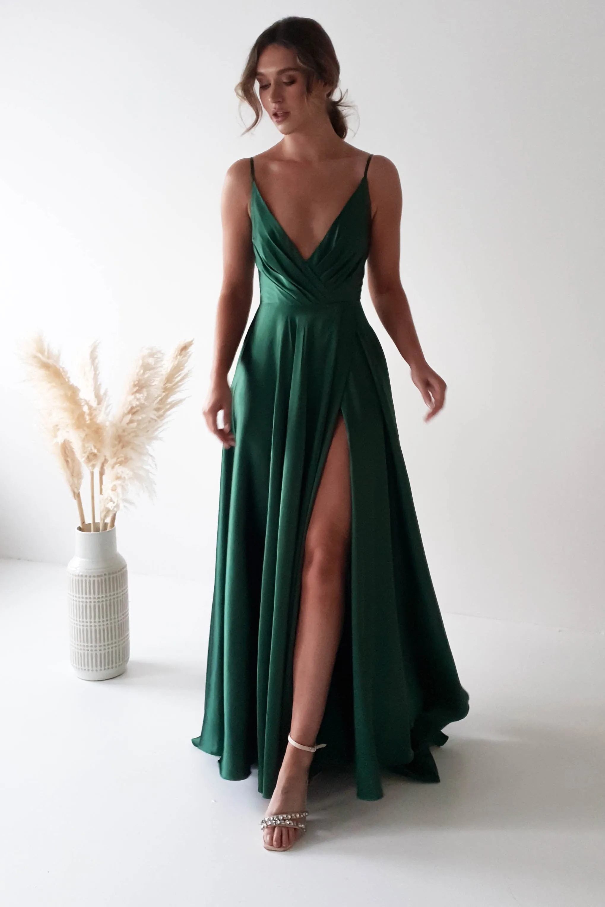 Velia Satin Maxi Gown | Emerald Green