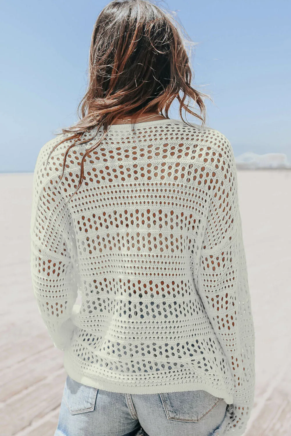 White Crochet V Neck Pullover Sweater