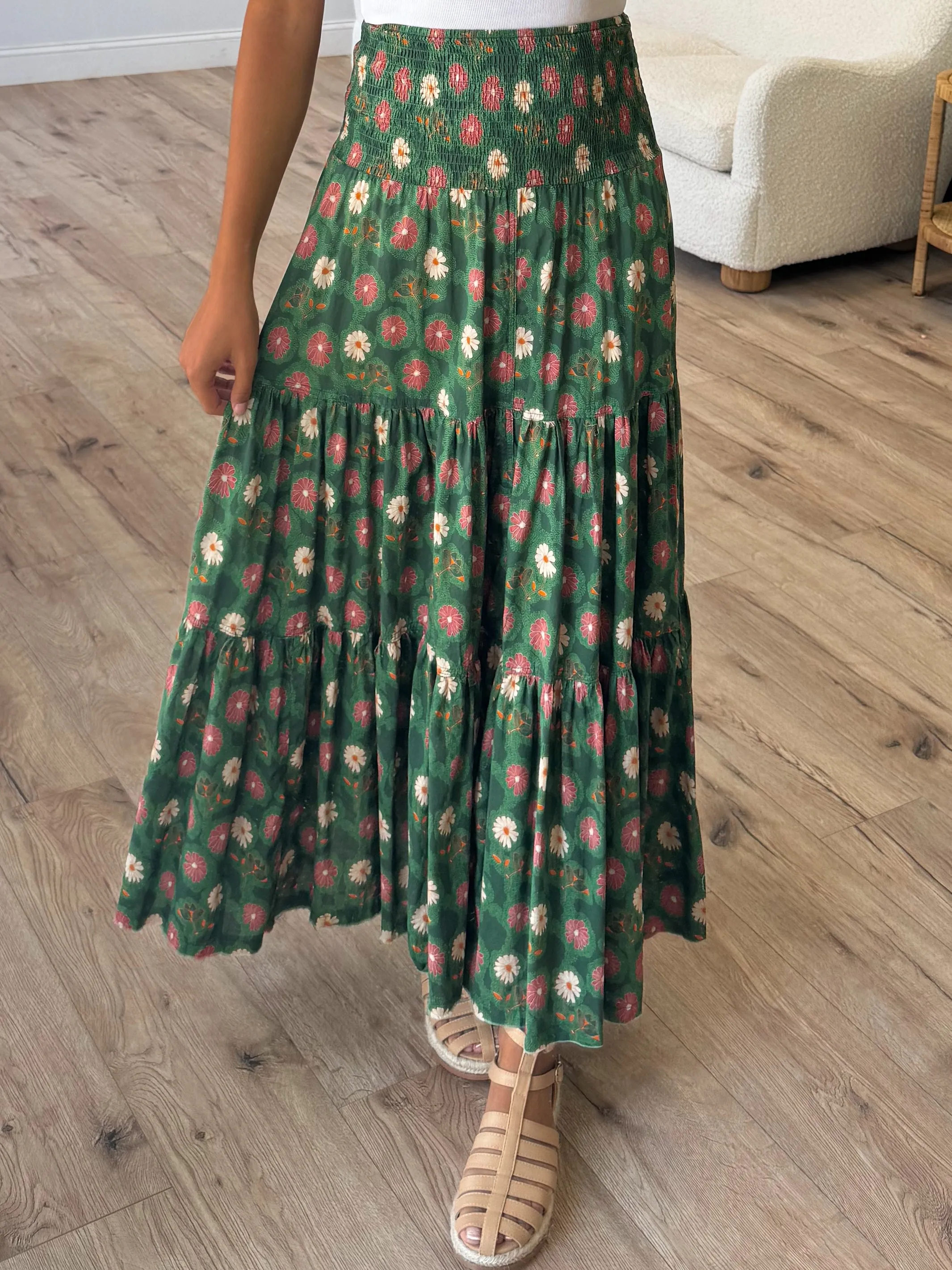 Wildflower Smocked Maxi Skirt | Dark Green |  Plus Available