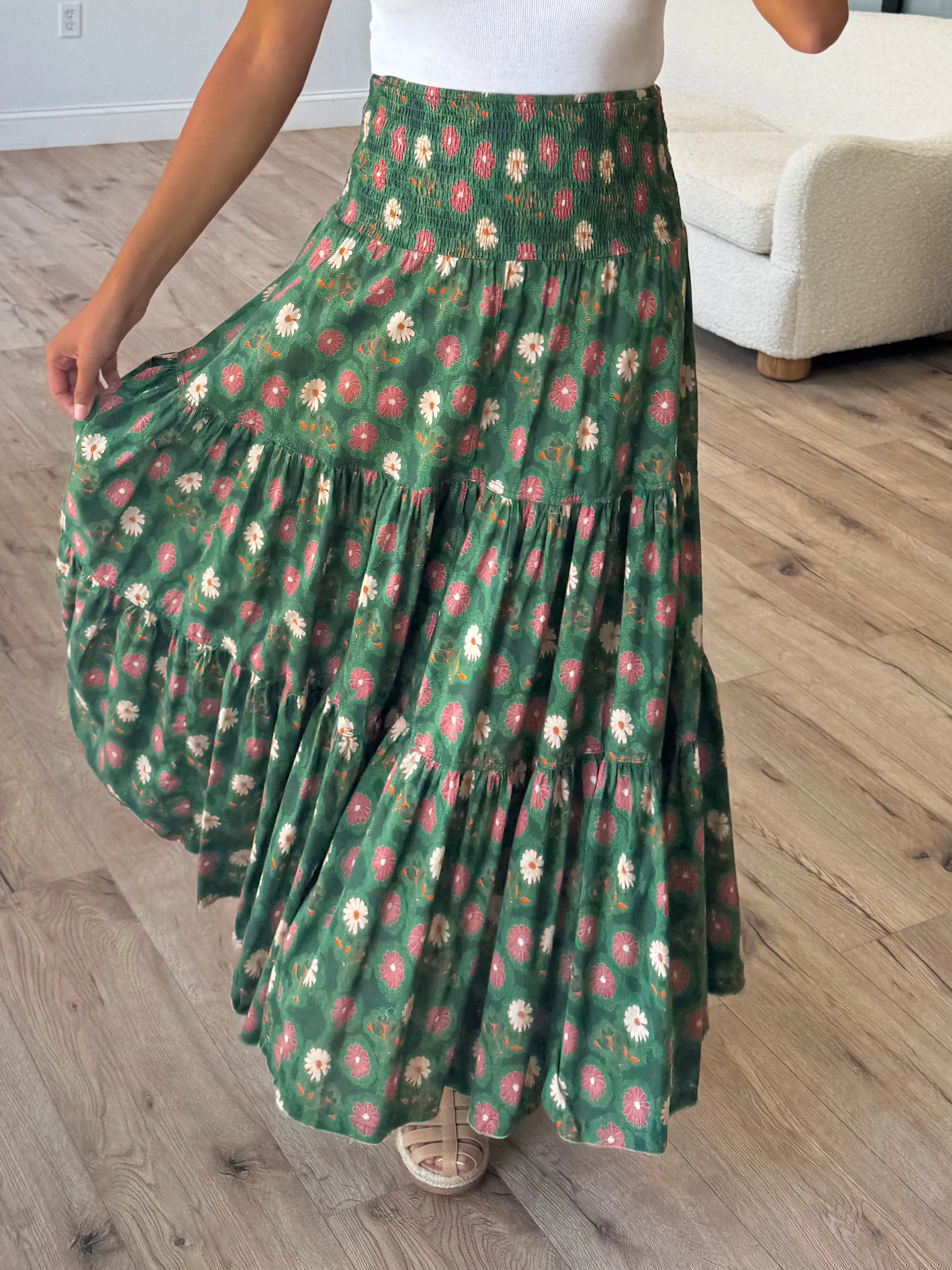 Wildflower Smocked Maxi Skirt | Dark Green |  Plus Available