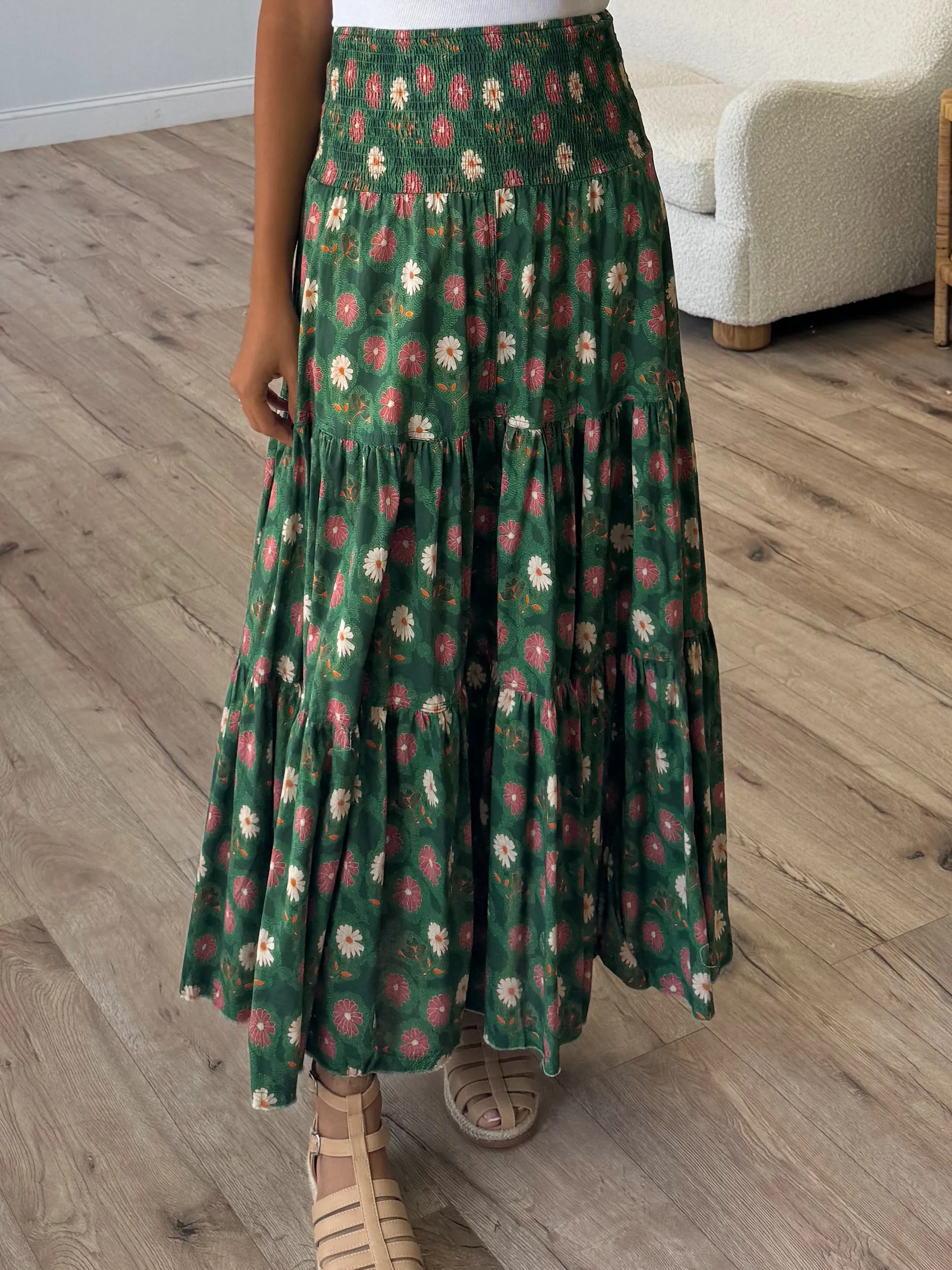 Wildflower Smocked Maxi Skirt | Dark Green |  Plus Available