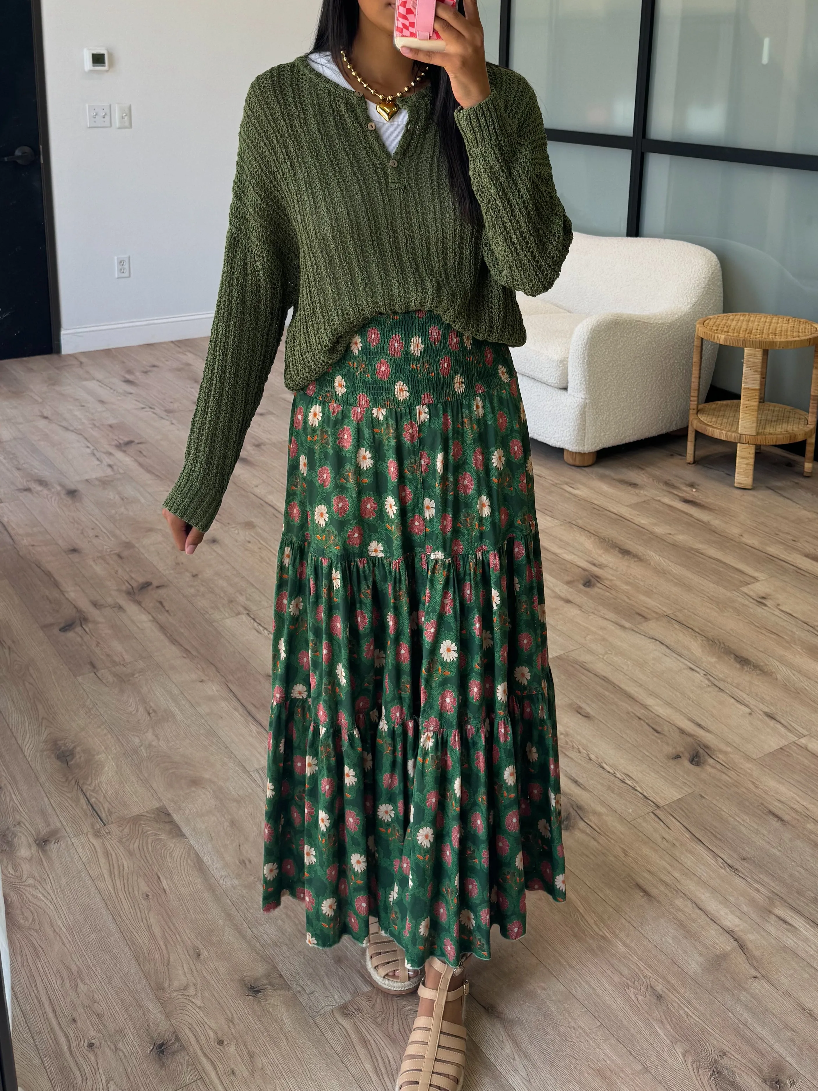 Wildflower Smocked Maxi Skirt | Dark Green |  Plus Available