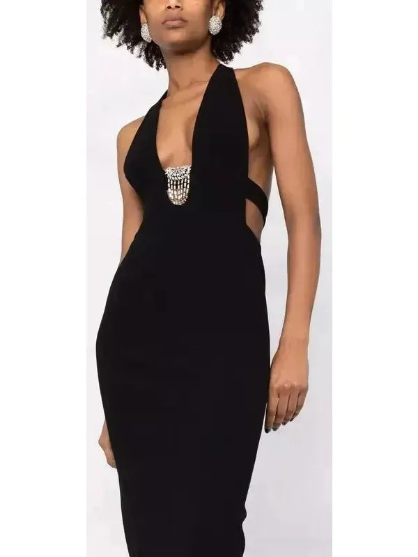 Women’s Black Crystal-Embellished Halterneck Dress