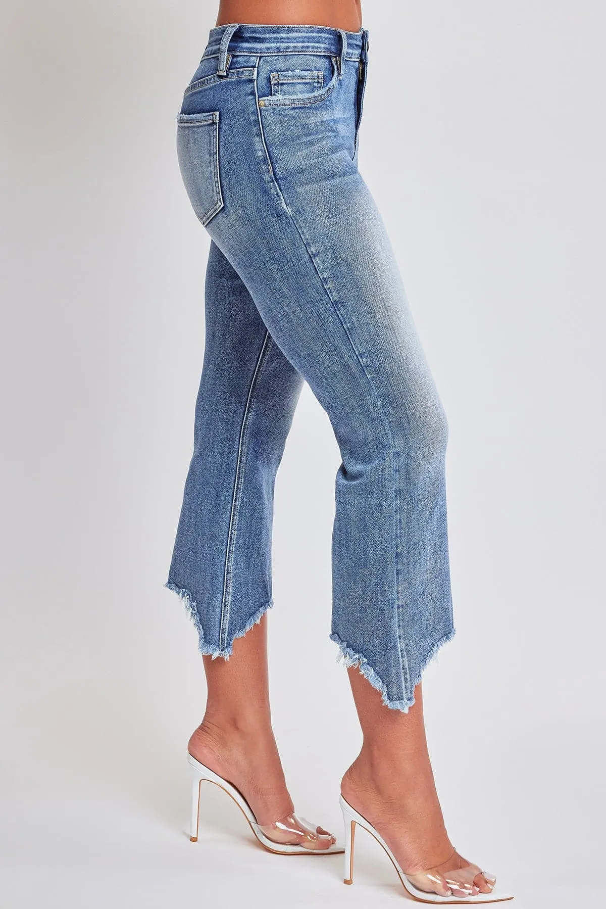 Women's Mid Rise Kick Flare Fray Hem Cropped Jeans