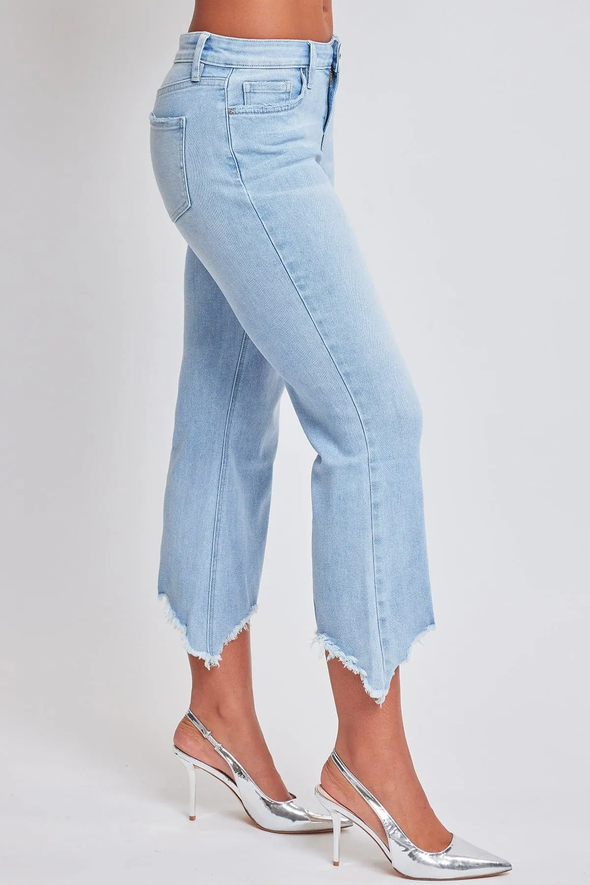 Women's Mid Rise Kick Flare Fray Hem Cropped Jeans