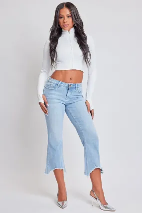 Women's Mid Rise Kick Flare Fray Hem Cropped Jeans