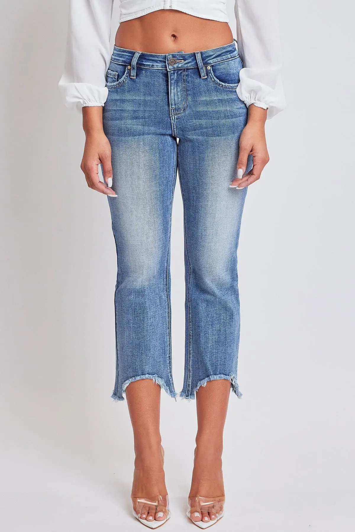 Women's Mid Rise Kick Flare Fray Hem Cropped Jeans