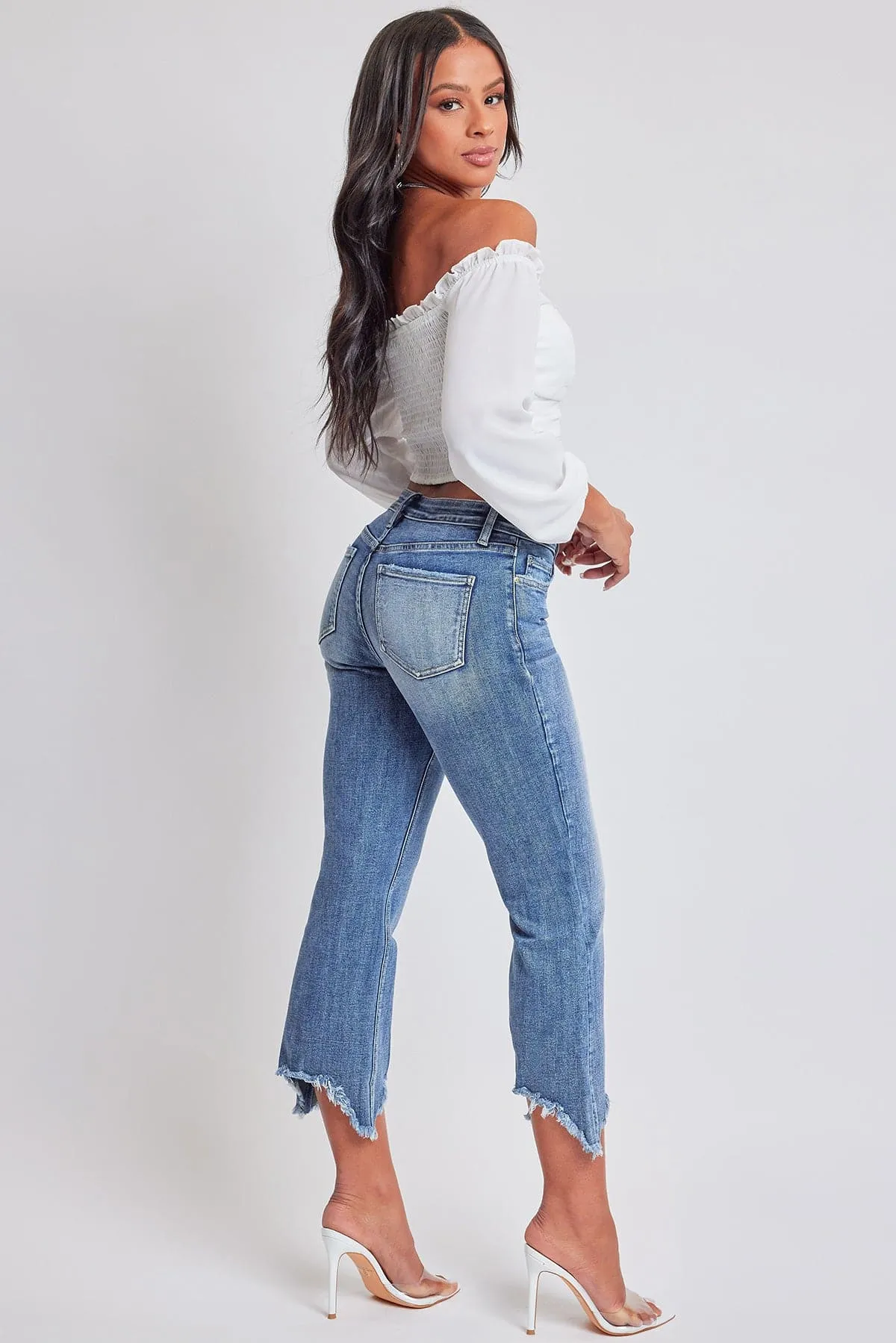 Women's Mid Rise Kick Flare Fray Hem Cropped Jeans